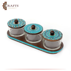 Triple Serving Dish Set of Wood & Glass with Mandala Design, 7 pieces
