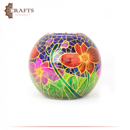 Hand-decorated Multi-colored Round Glass Vase with Flowers Design Hand-decorated Multi-colored Round Glass Vase with Flowers Design