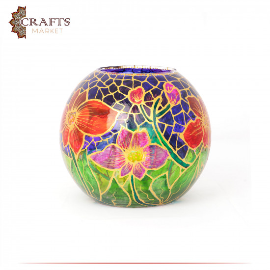 Hand-decorated Multi-colored Round Glass Vase with Flowers Design Hand-decorated Multi-colored Round Glass Vase with Flowers Design