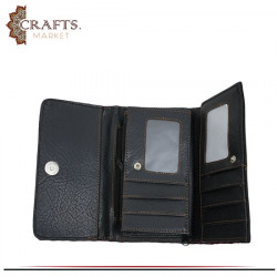 Handmade Black Leather Women's Clutch with a Peasant embroidery design