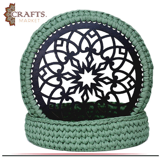 Handmade Crochet Fabric Green Box adorned with Islamic decoration Handmade Crochet Fabric Green Box adorned with Islamic decoration