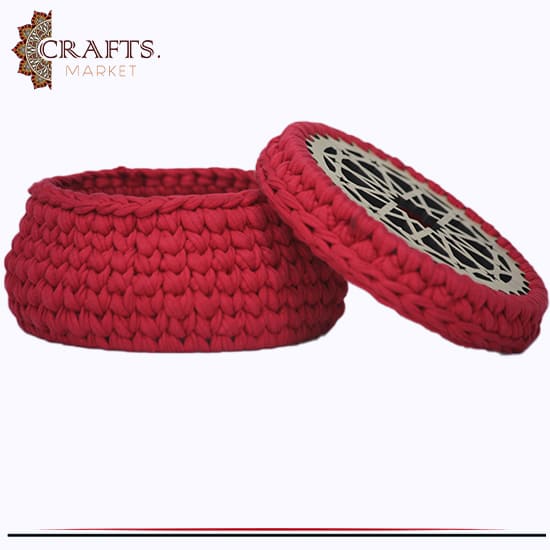 Handmade Crochet Fabric Red Box adorned with Islamic decoration Handmade Crochet Fabric Red Box adorned with Islamic decoration