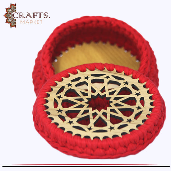 Handmade Crochet Fabric Red Box adorned with Islamic decoration Handmade Crochet Fabric Red Box adorned with Islamic decoration