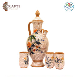  Handmade Red Clay Water Magical Jug & Glasses Set with Mosaic Design, 8Pcs