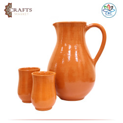 Handmade Red Clay Water Jug & Glasses Set with Shine Design, 10Pcs