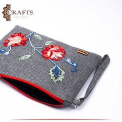 Handmade Grey Fabric Women's Clutch Bag with a Flowers design