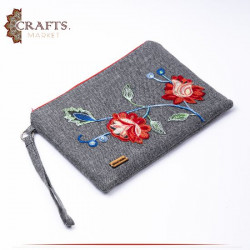 Handmade Grey Fabric Women's Clutch Bag with a Flowers design