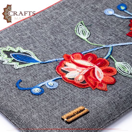 Handmade Grey Fabric Women's Clutch Bag with a Flowers design